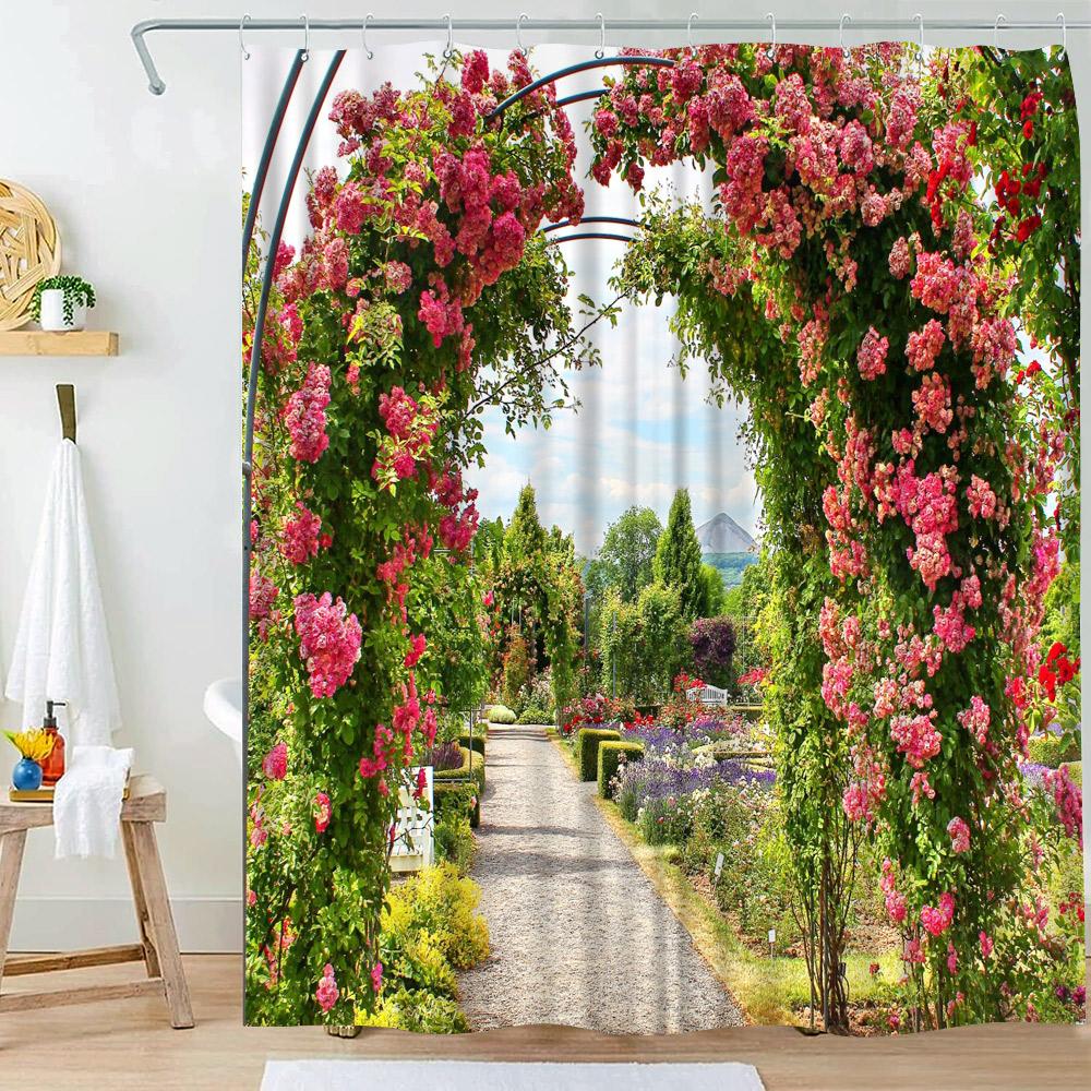 Garden Shower Curtains Arched Door Flowers Plants Floral Bathroom Decorations Nature Scenery Polyester Bath Curtain With Hooks