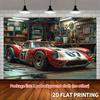 1pc Classic retro racing garage workshop style 2D flat banner with red sports car, white numbers and detailed mechanics design