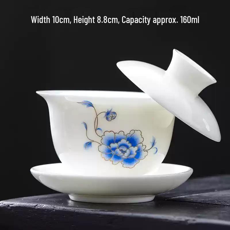 High-Grade Mutton Fat Jade Rotating Lid Bowl and White Porcelain Teapot Set