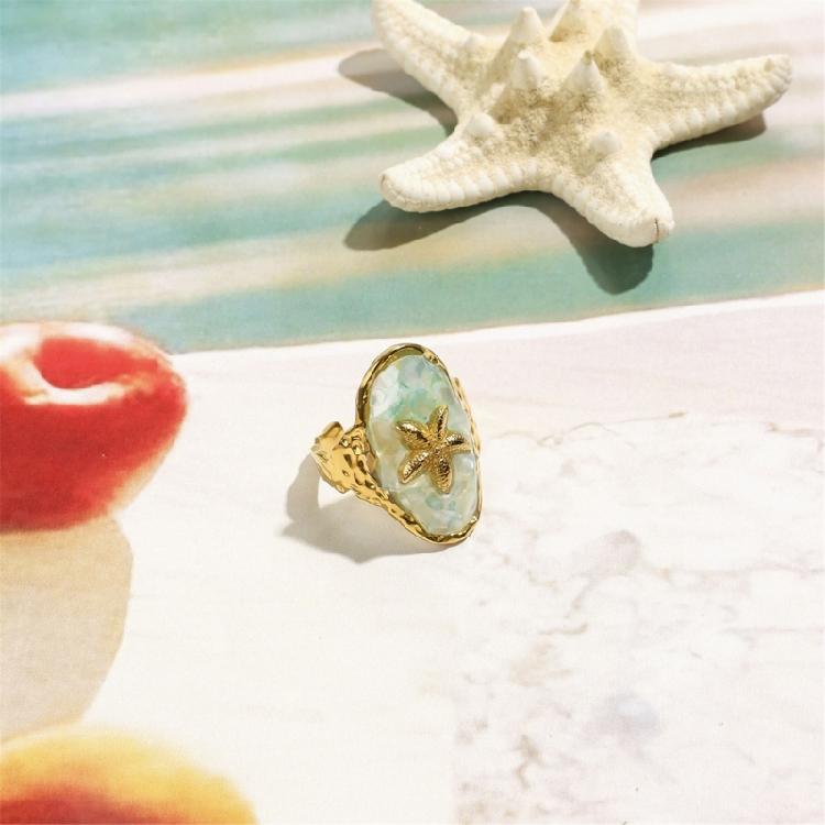 Edelstahl Seestern Blauer Ring Schmuck Für Frauen Verstellbare Größe Anlaufbeständiges Material Urlaubsaccessoire