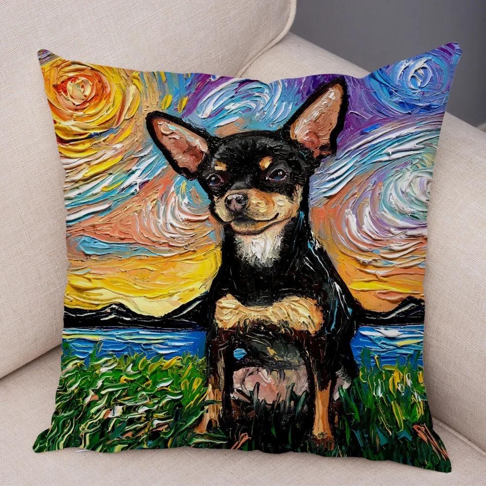 

Красочная масляная живопись Подушка с домашним животным Звездное небо Искусство Мультяшная собака Наволочка Декоративная диванная 50x50cm