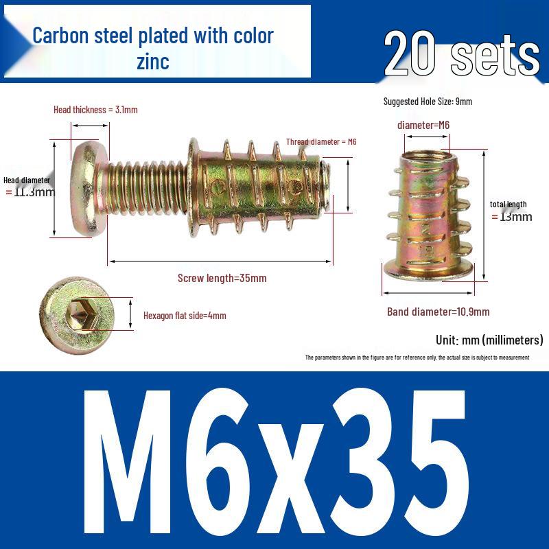 Flat Head Hex Socket Screws & Pre-embedded Nut Set for Wooden Bed Connectors