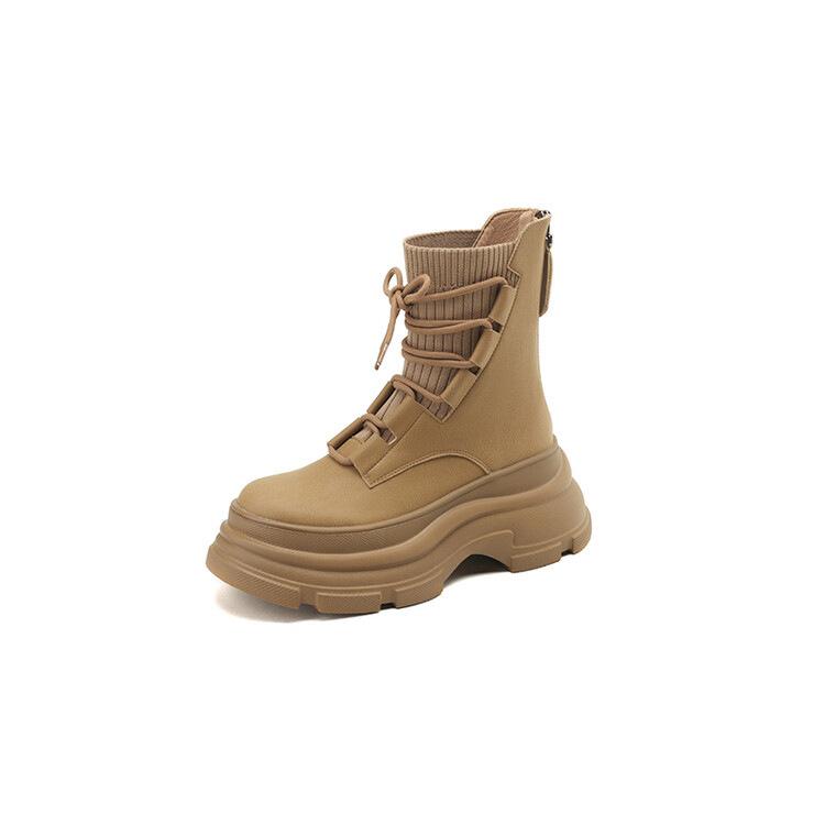 

European and American lace-up Martin boots, knitted sock boots, round toe, thick soles, beautiful temperament, casual fashion boots 35 хаки