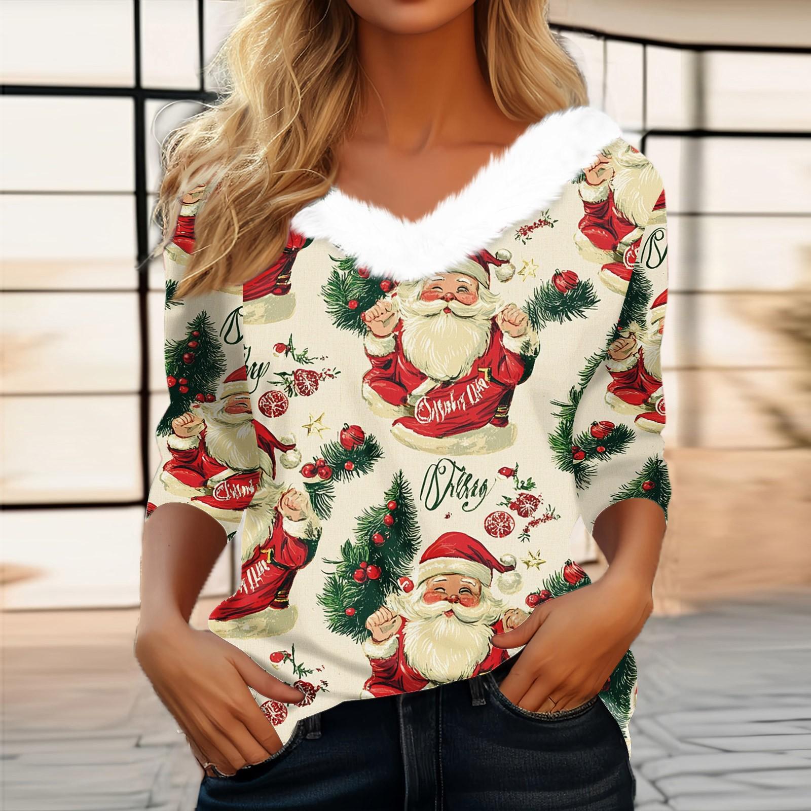 

Женская мода с длинным рукавом и рождественским принтом, праздничный воротник, V-образный вырез XXL