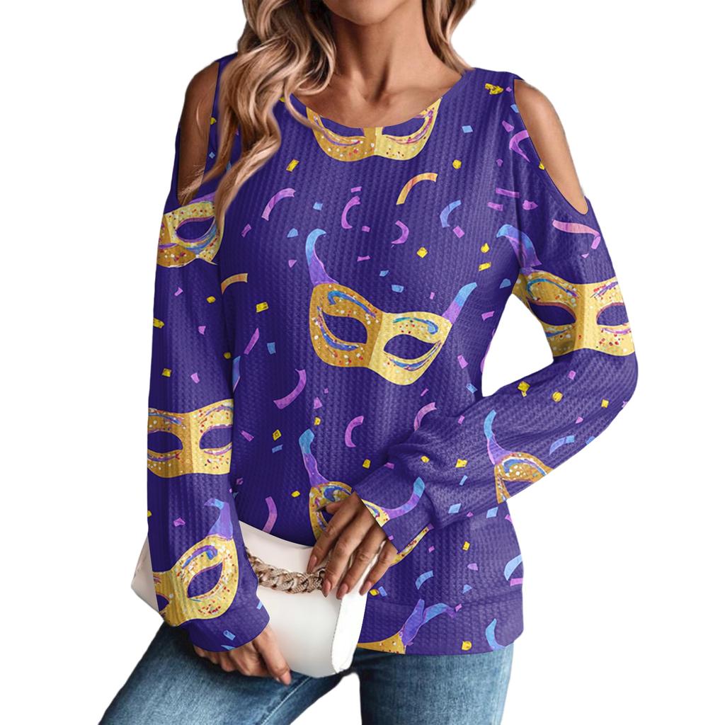 Women's Winter Oversized T-Shirt Fashionable Off-the-Shoulder Round Neck Vintage Floral Print Pullover Long-Sleeved Top