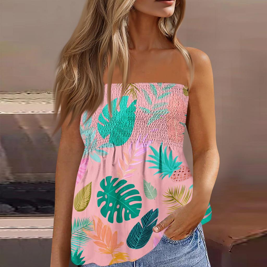 Women's Summer Fashion Strapless Top, Cute and Sexy Off-Shoulder Hawaiian Print Sleeveless T-Shirt