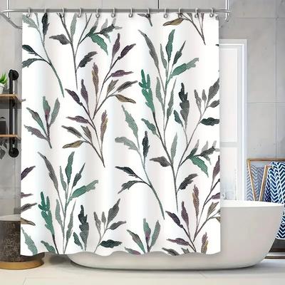 Elegant Botanical Pattern Shower Curtain Waterproof Decor for Bathroom Green, White Floral Design (180x180cm)