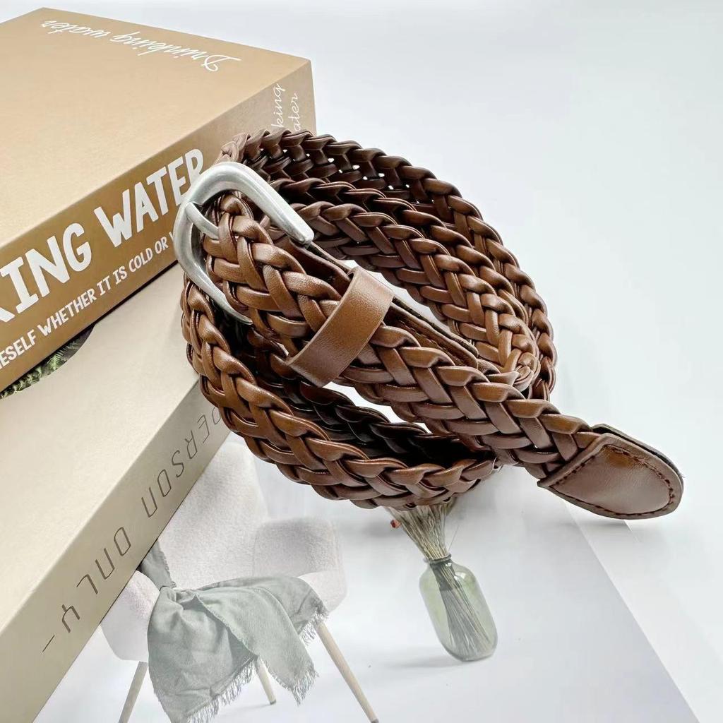 Women's Retro Brown Braided Leather Belt with Silver Needle Buckle - Versatile for Jeans and Casual Wear