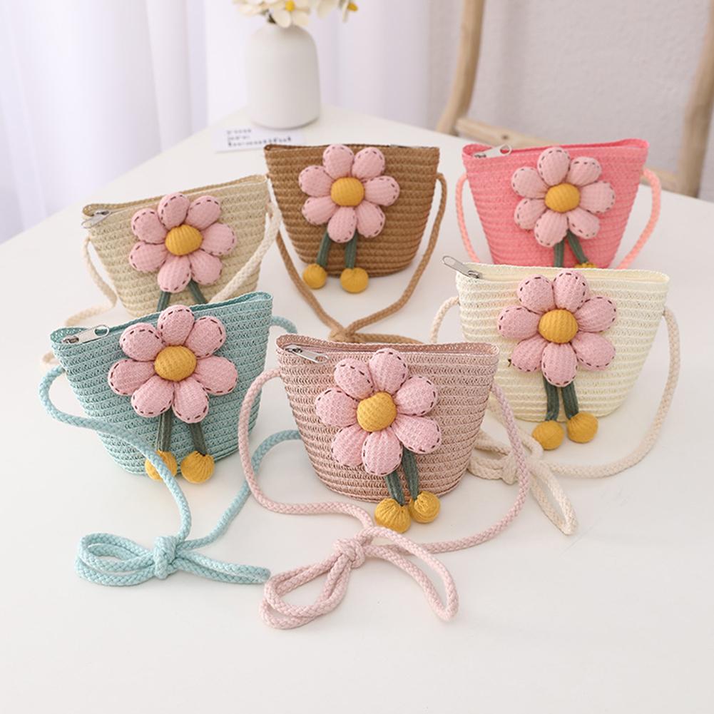 Girls Summer Straw Hat Bag Children Breathable Sunscreen Hat Straw Coin Purse For Outdoor