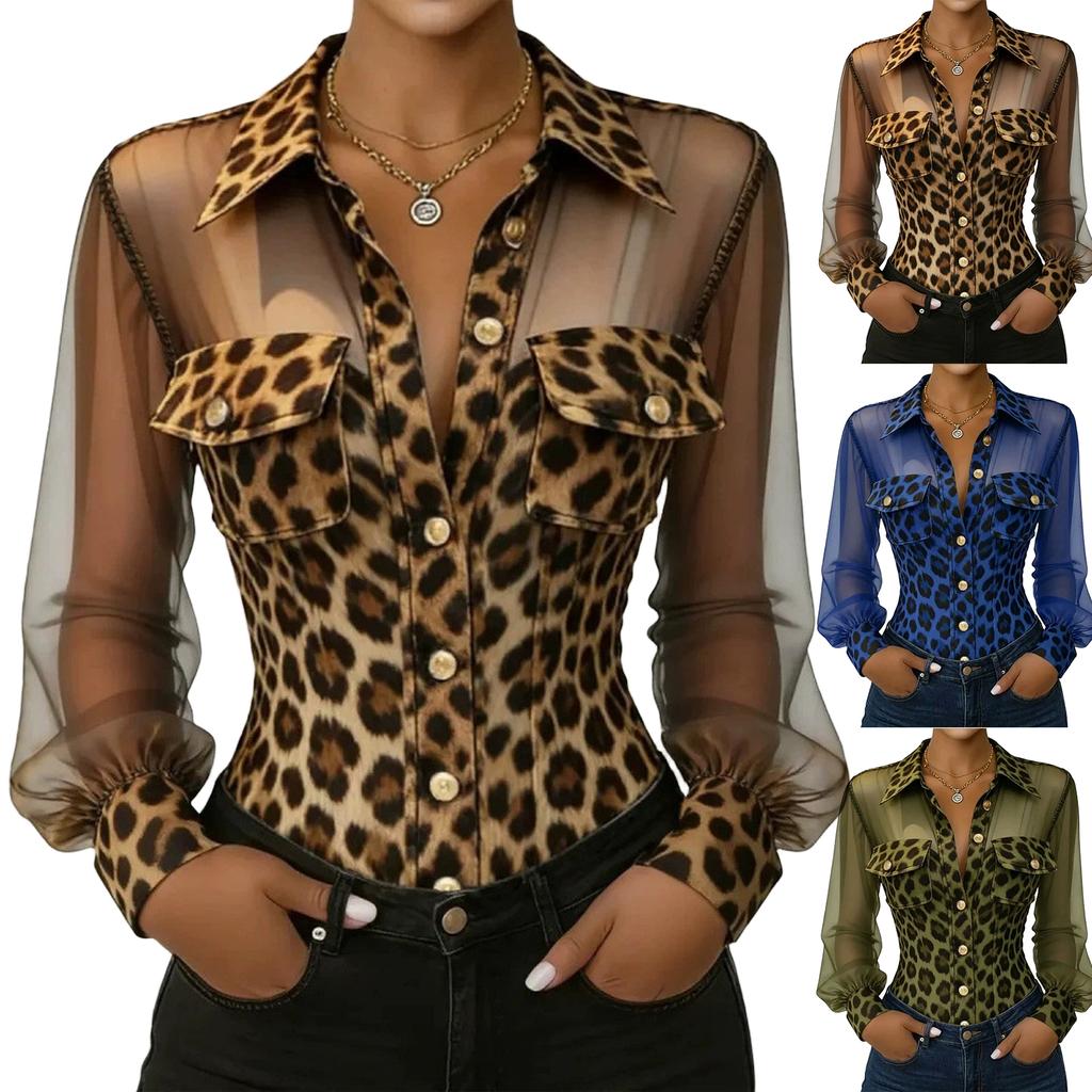 Women's Casual Long Sleeve Leopard Print Shirt with Mesh Panels and Pockets
