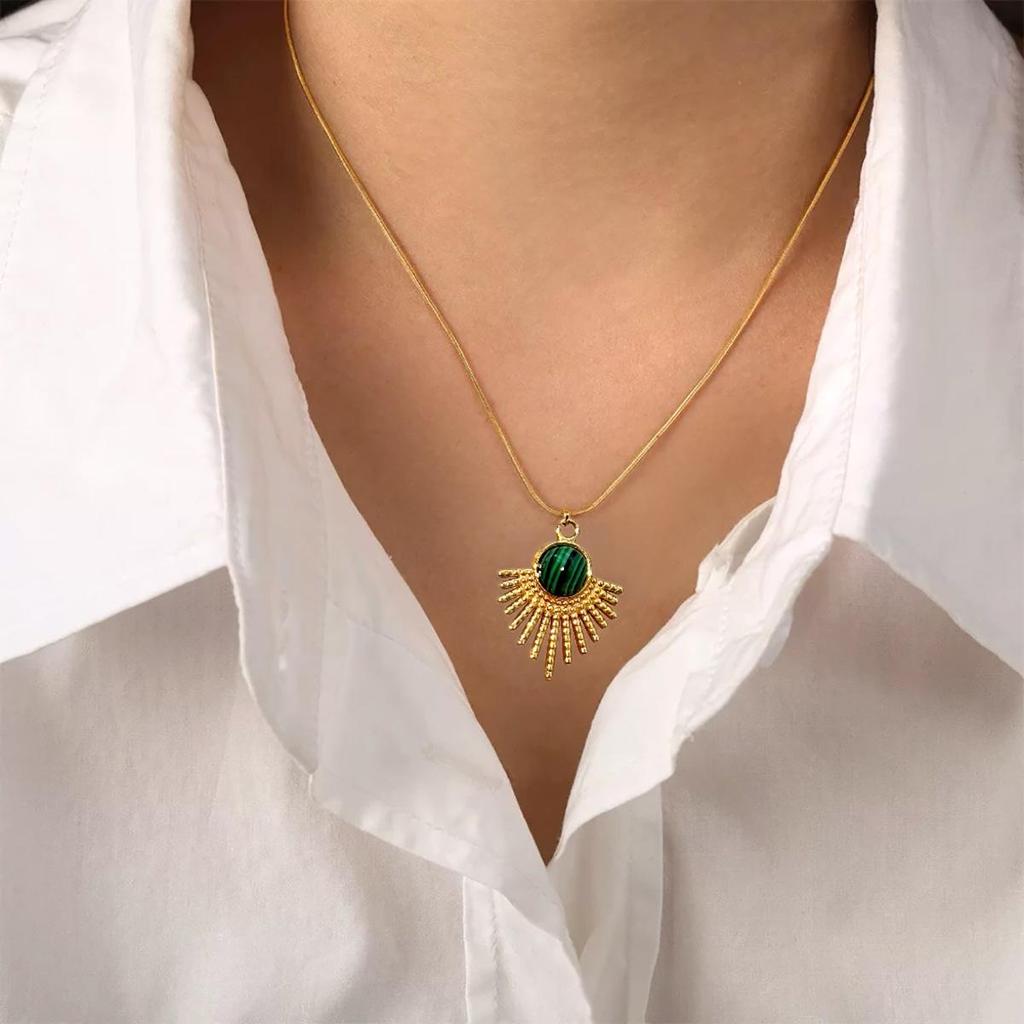 Maillard Malachite Titanium Steel Sun Pendant Necklace - Versatile Light Luxury for Women, Perfect for Autumn/Winter Accessories