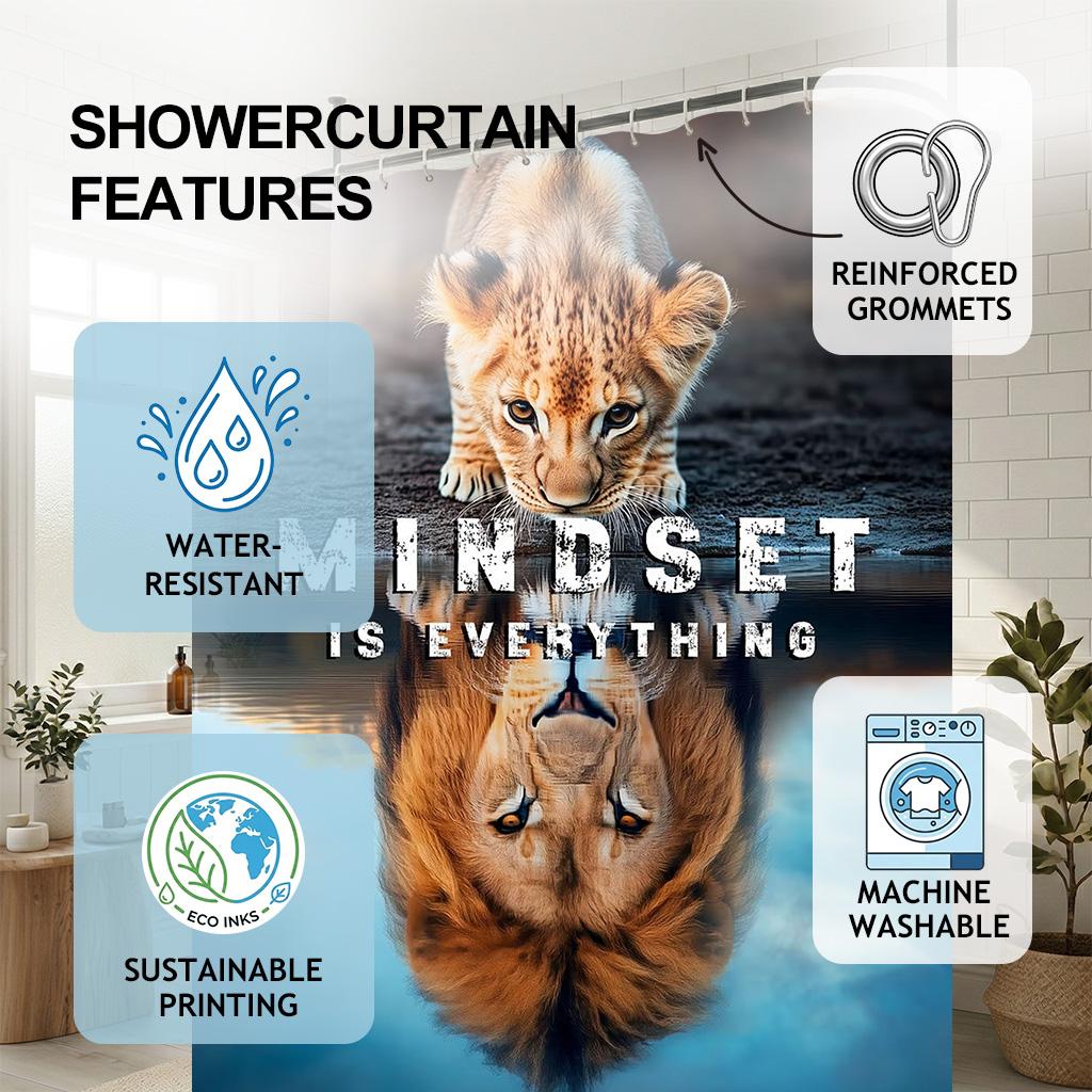 Mindset Is Everything Lion Shower Curtain, Motivational Lion Cub Reflection Bathroom Decor, Inspiring Animal Fabric Curtain