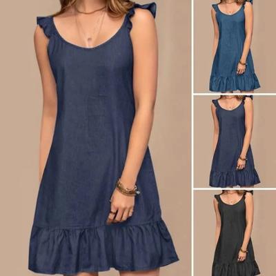 Women Summer Mini Dress O-neck Sleeveless Ruffle Hem Short Dress Solid Color Loose Fit Beach Holiday Dress