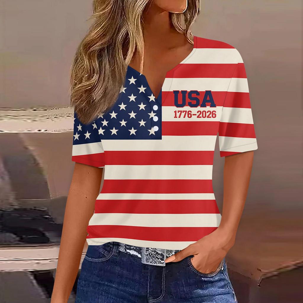 Women's Fashion Casual Independence Day Print V-Neck Short Sleeve Button-Up T-Shirt Top