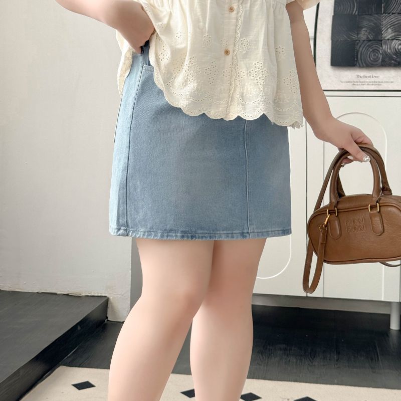 

Plus size women clothing [American Gyaru Short dress] Early Summer 2025 Wear Belly Covering Slimming 100.00kg Denim Skirt