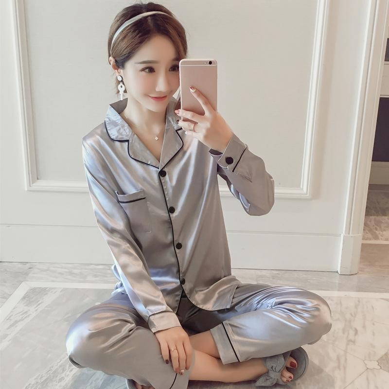 GMXIA Spring and Autumn Faux Silk Pajamas for Women, Long-sleeved Thin Shirts, Sexy Ice Silk Home Wear and Casual Pajama Sets