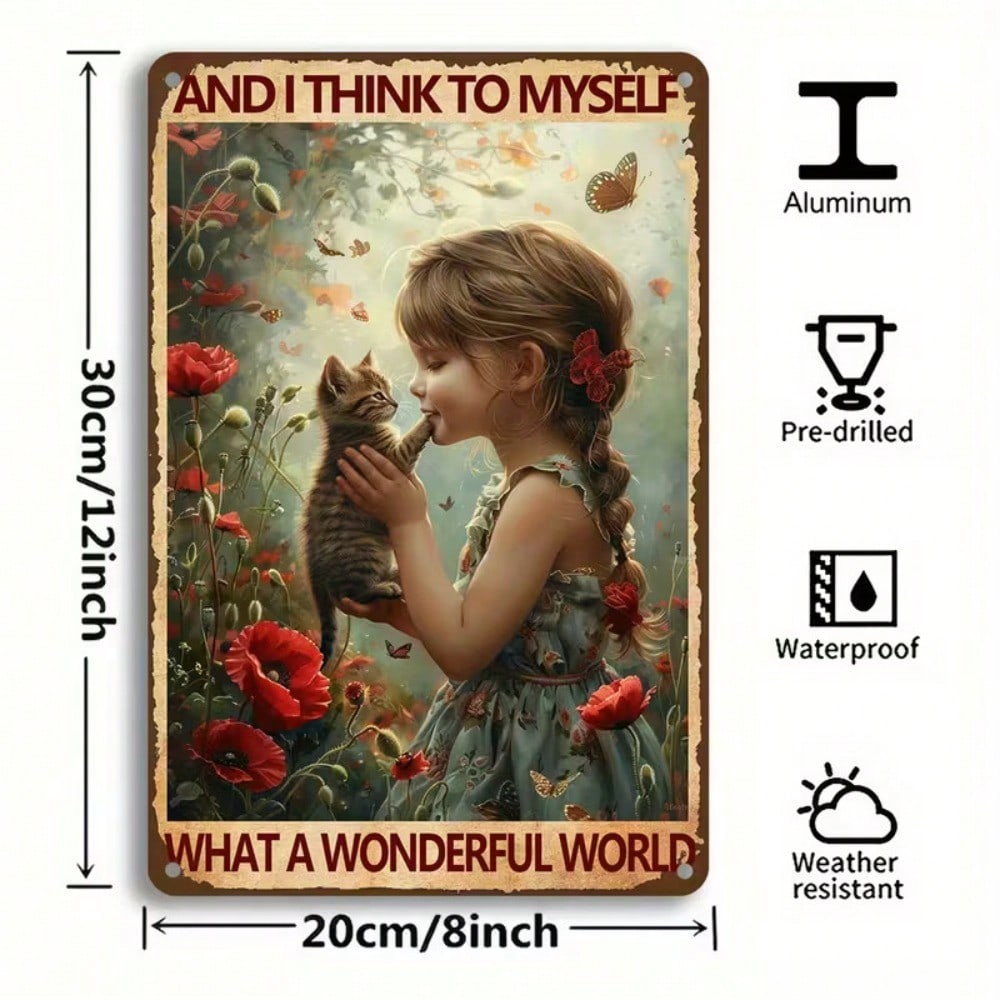 Vintage Cat Girl Wonderful World Metal Sign Fantasy Garden Wall Art 8x12 Inch Outdoor Decor
