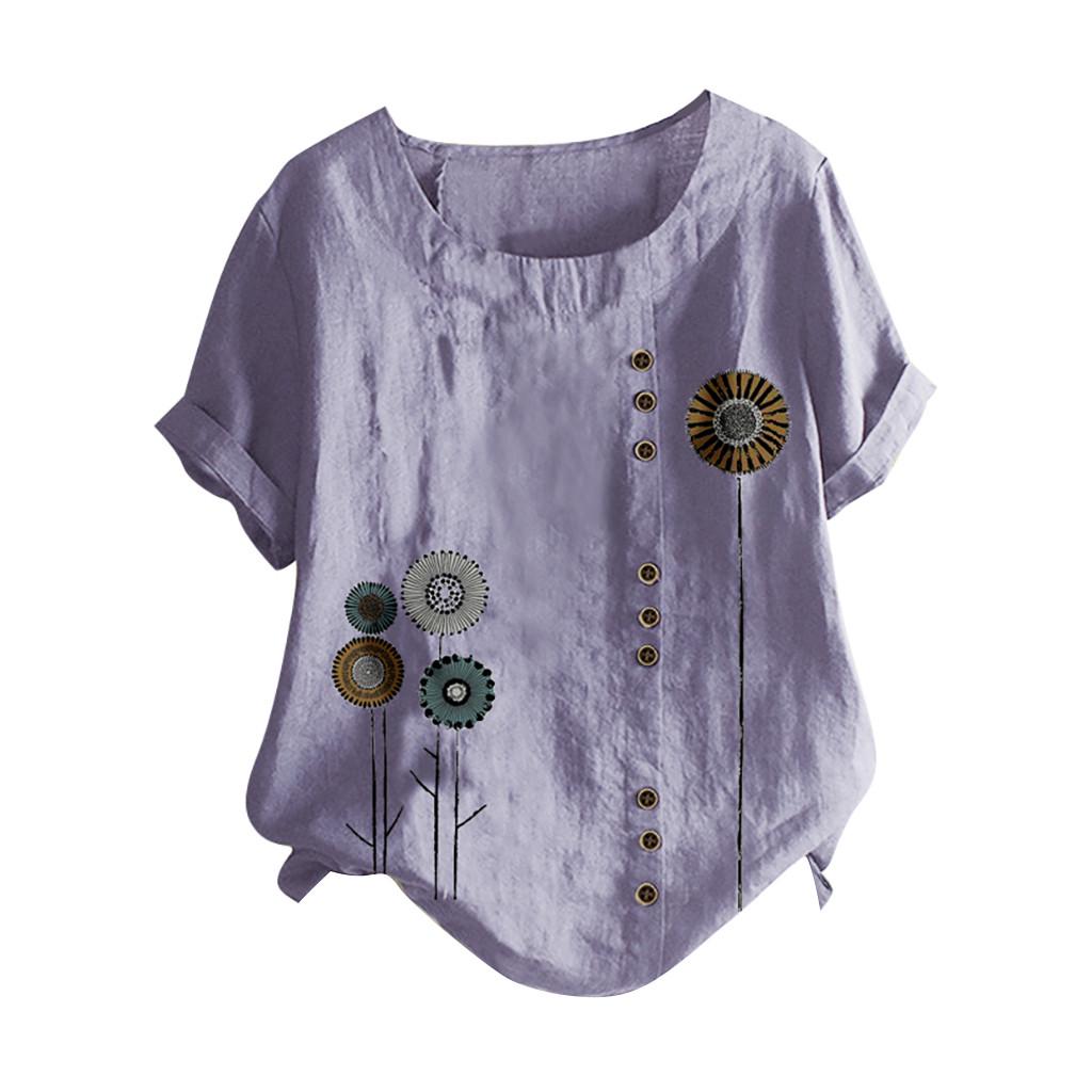 Women Buttons  Short Sleeve Floral Print Buttons Cotton Linen Vintage Top