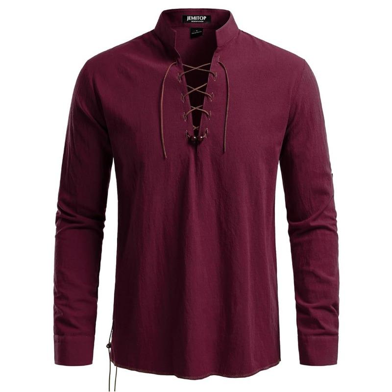 High Quality Men's Shirt Henry Long Sleeve Casual Beach Men's Stand-Up Collar Hippie Shirt
