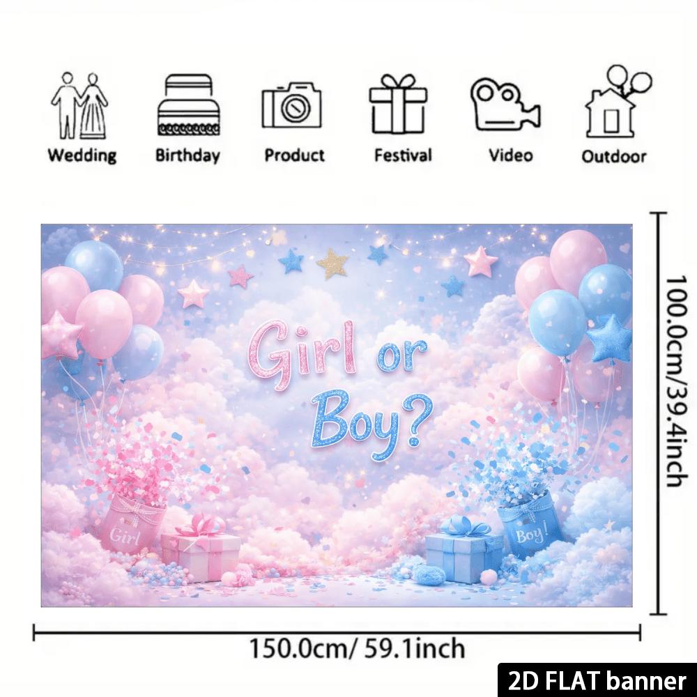 2D flat party banner background with soft cloud and balloon patterns, featuring the bold "Girl or Boy?" text at the center