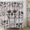 Skull Gothic Skeleton Shower Curtain, Goth Black Floral Rose Decor For Bathroom, Halloween Artistic Waterproof Washable