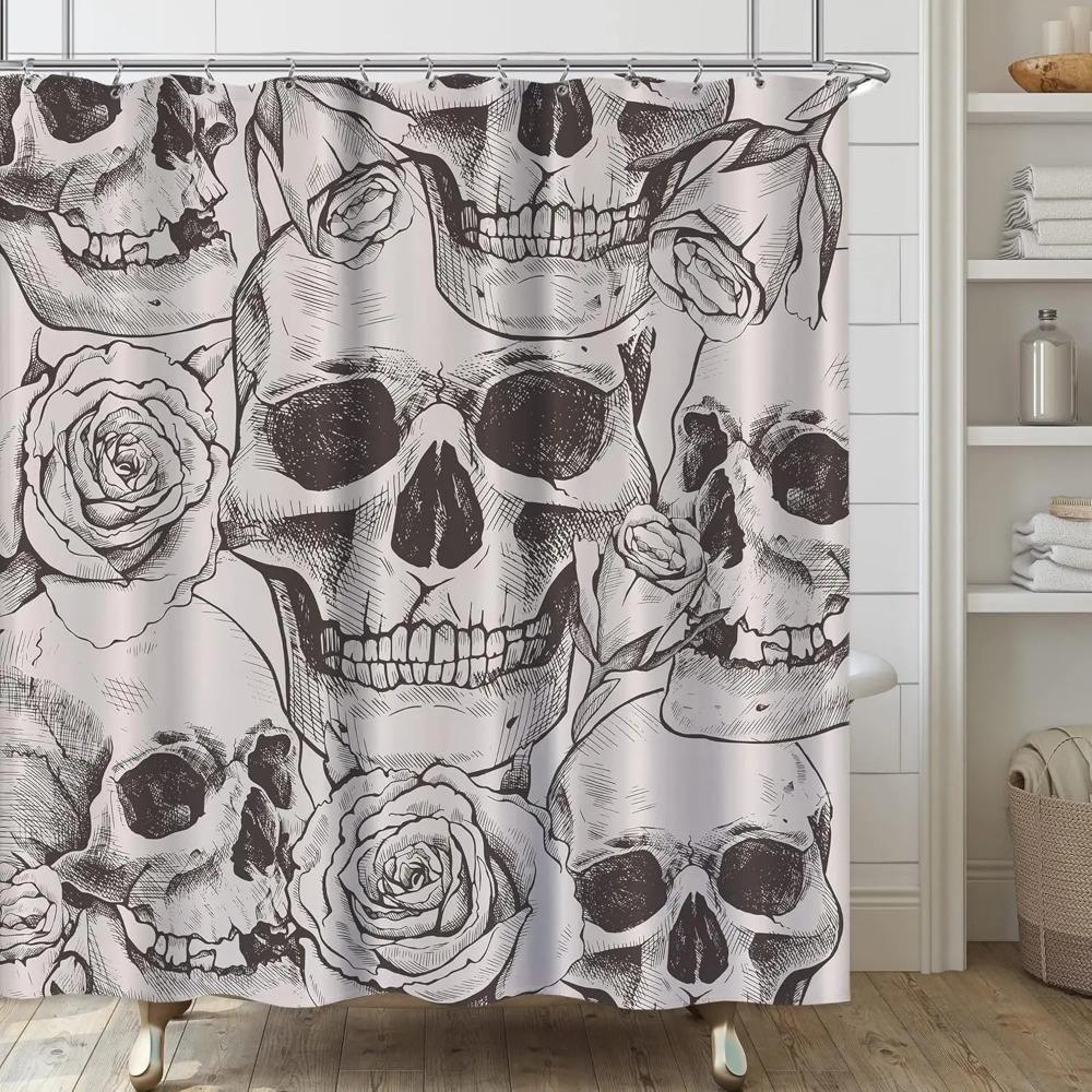 Skull Gothic Skeleton Shower Curtain, Goth Black Floral Rose Decor For Bathroom, Halloween Artistic Waterproof Washable