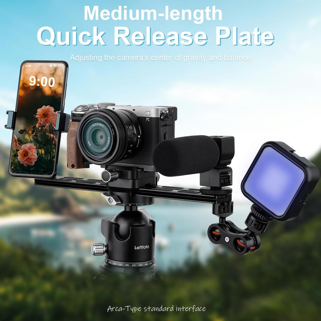 Leftfoto 280mm Metal Dovetail Slide Rail Type Quick Release Plate with Cold Shoe Pad for DSLR Camera Tripod Ball Heads Arca-Swiss & Anti-Slip