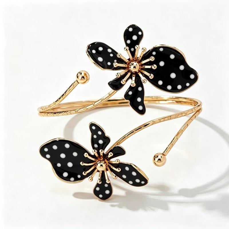 Gold Plated Cuff Bracelet Red White Polka Dot Enamel Flower Non-Irritating Jewelry for Women Daily All-Match Wear