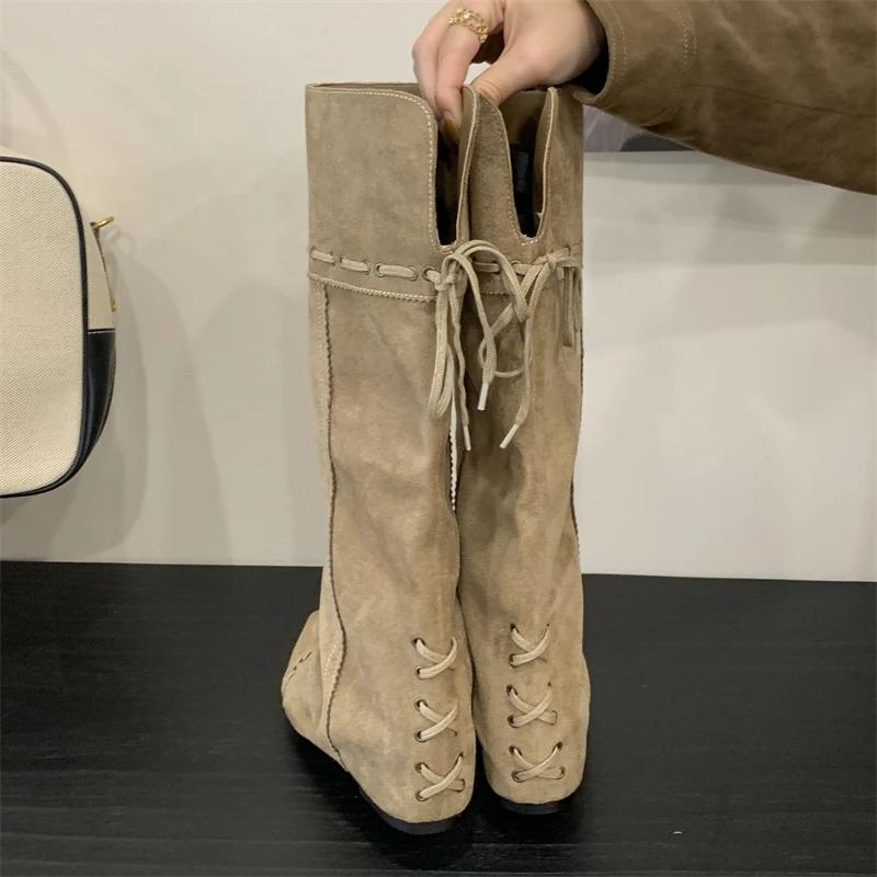 Winter Punk Vintage Women Knee High BootsDesigner Lace-up Pointed Toe Height Wedges Heels Shoes Botas De Mujer