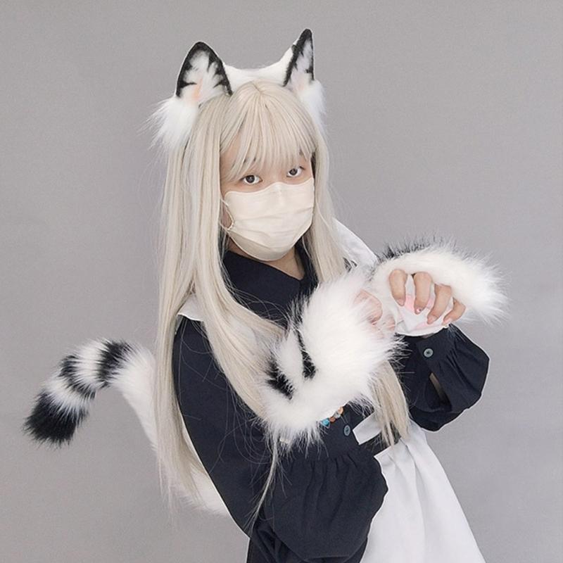 Cute Anime Beast Tail Cat Ear Headband Paw Gloves Set Lovely-Fox Tail Themed Party Costume Cosplay Props for Festivals