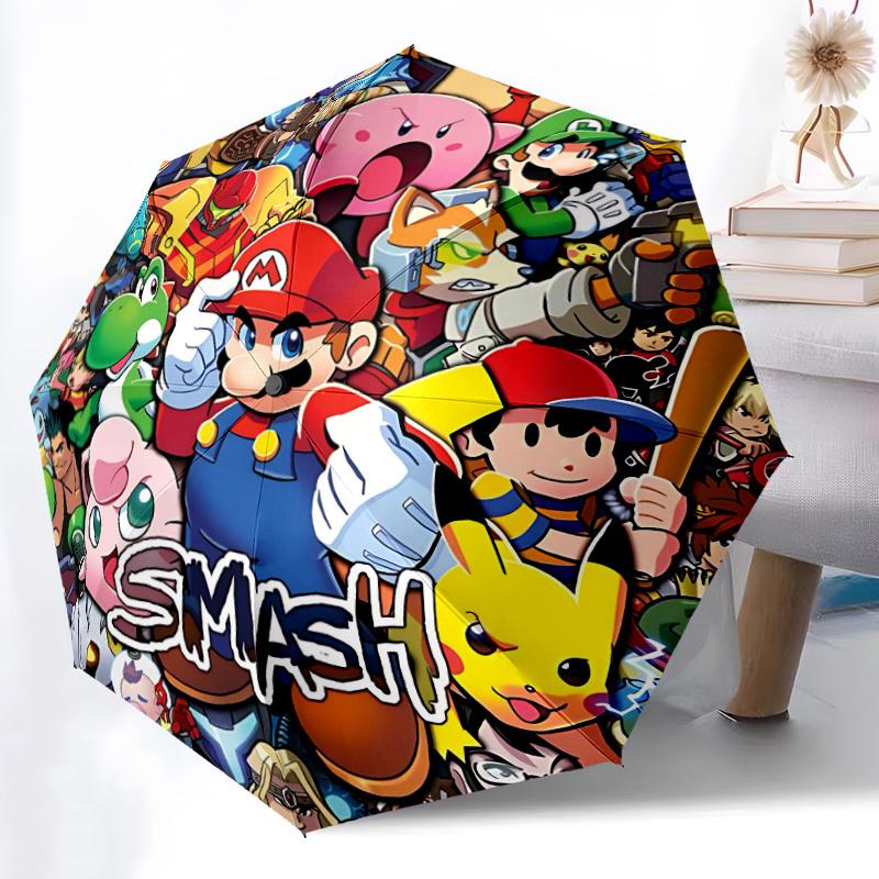 1 PZ Super Smash Bros. Ombrello Automatico con Personaggi 8 Stecche Pieghevole Portatile Telaio in Ferro Nero per Esterno, Spiaggia, Viaggio, Ombrellone da Spiaggia 0905180