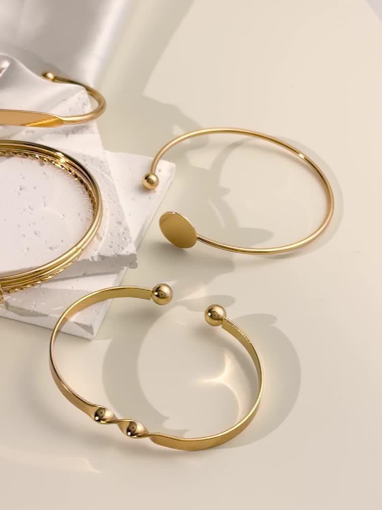 5pcs/set Glossy Alloy Bangle, Minimalist Geometric Round Retro Trendy Knotted Open Cuff Bracelet Set For Women