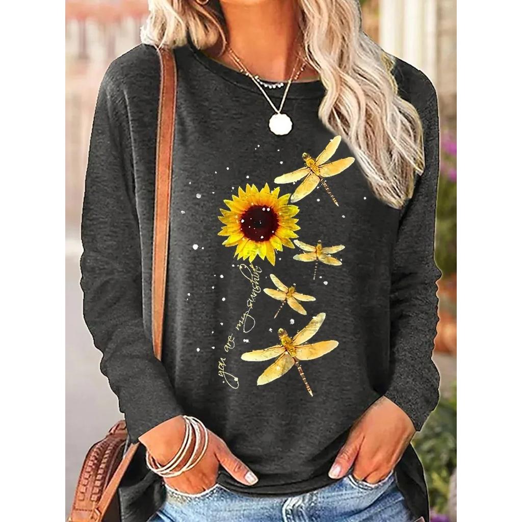 Round Neck 3D Printed Sunflower Pattern Top Fashionable Casual Long Sleeved Women's T-shirts