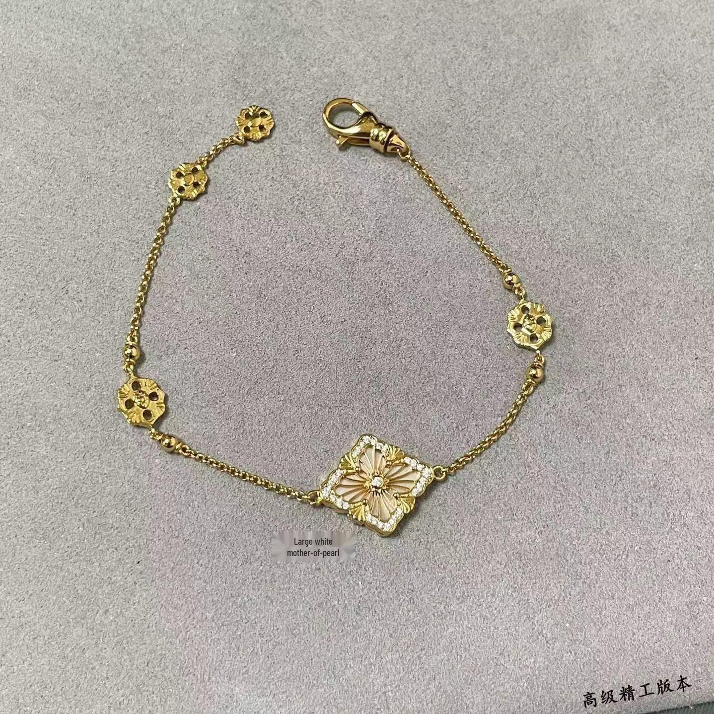 Buccellati V Gold Four-Leaf Clover Necklace with White Mother-of-Pearl and Enamel, 18k Brushed Gold, Opera House Court Style.