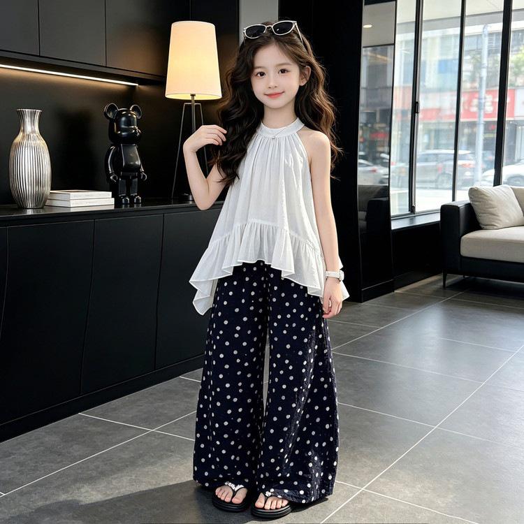 2026 Summer Polka Dot Pants & Ruffle Halter Top Set for Girls - Medium & Large Kids' Cool Summer Wear.
