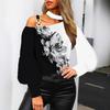 Fashion Women's Shirt Round Neck Long Lantern Sleeve Striped Top Autumn and Winter Women's Metal Ring Halter Top