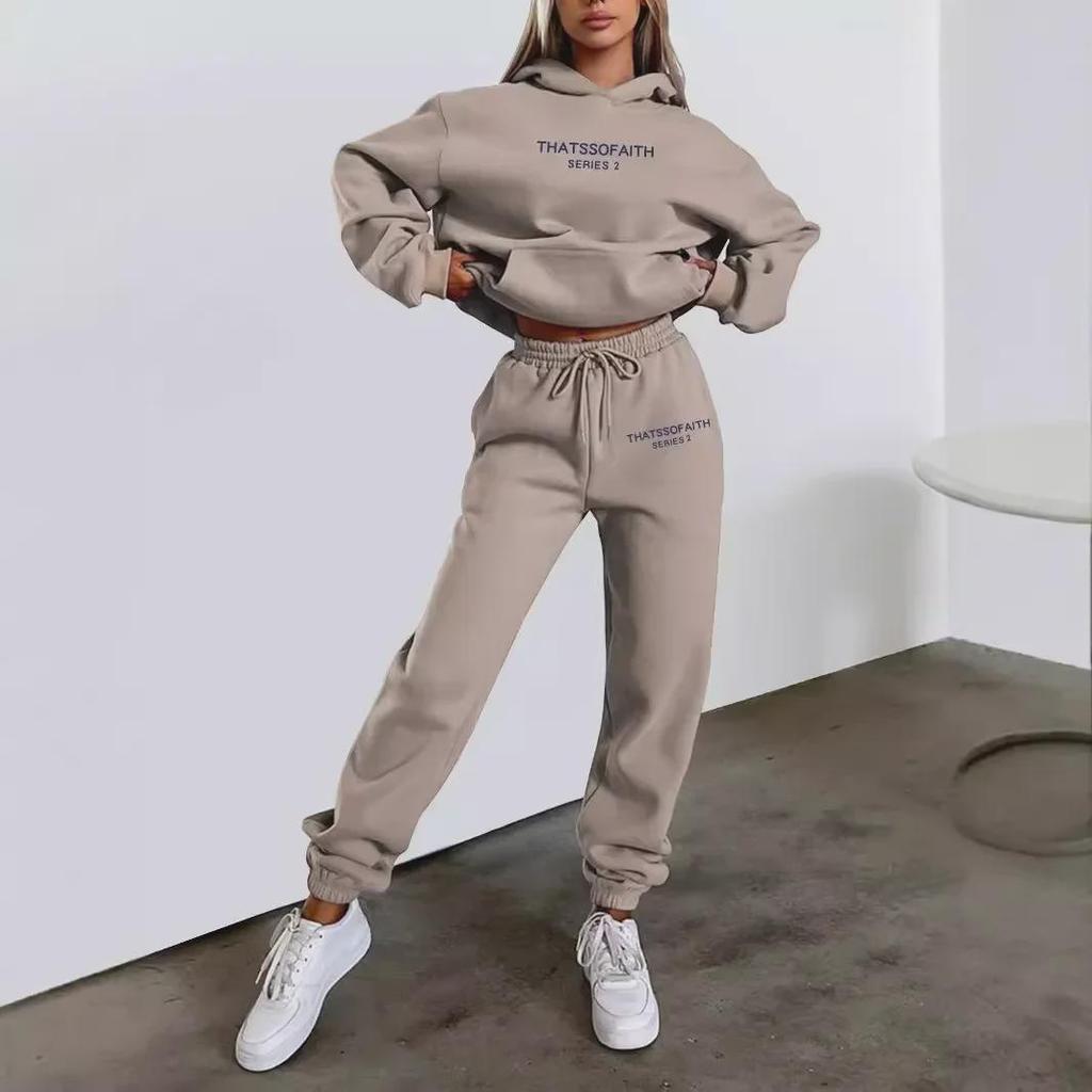 European-American Women's Fashion Letter Print Hoodie & Fleece Jogger Set