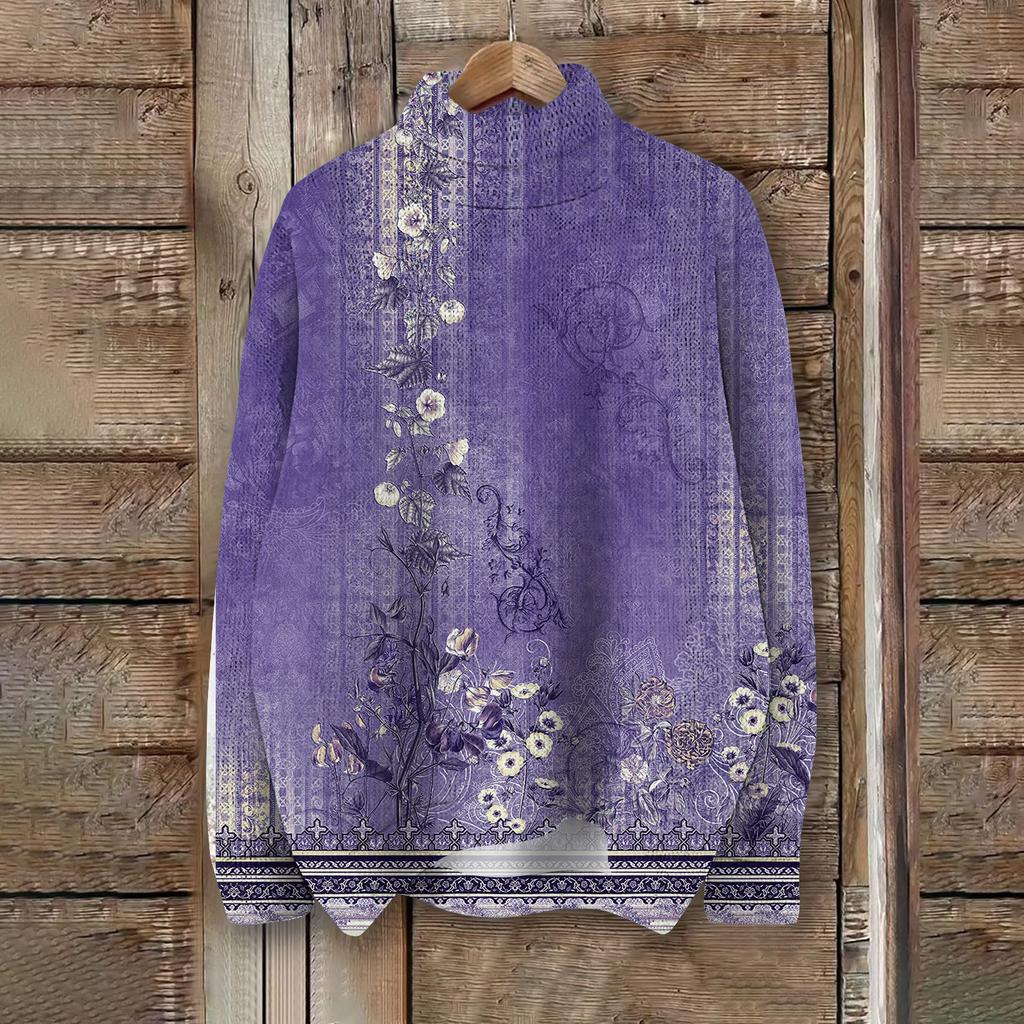 Women's Fashion Casual Long Sleeve Printed High Neck Woolen Knit
