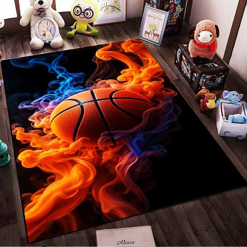 Basketball with fiery orange and blue smoke. Non-slip rug suitable for living room and bedroom sofas.