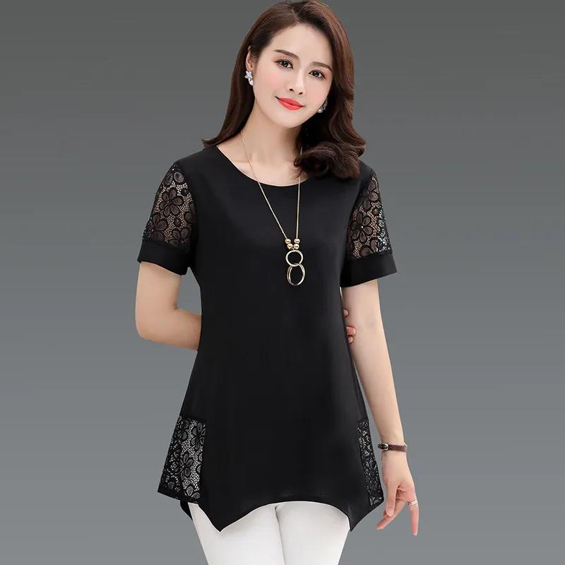 

Женская летняя шифоновая свободная футболка с коротким рукавом средней длины и круглым вырезом большого размера L чёрный
