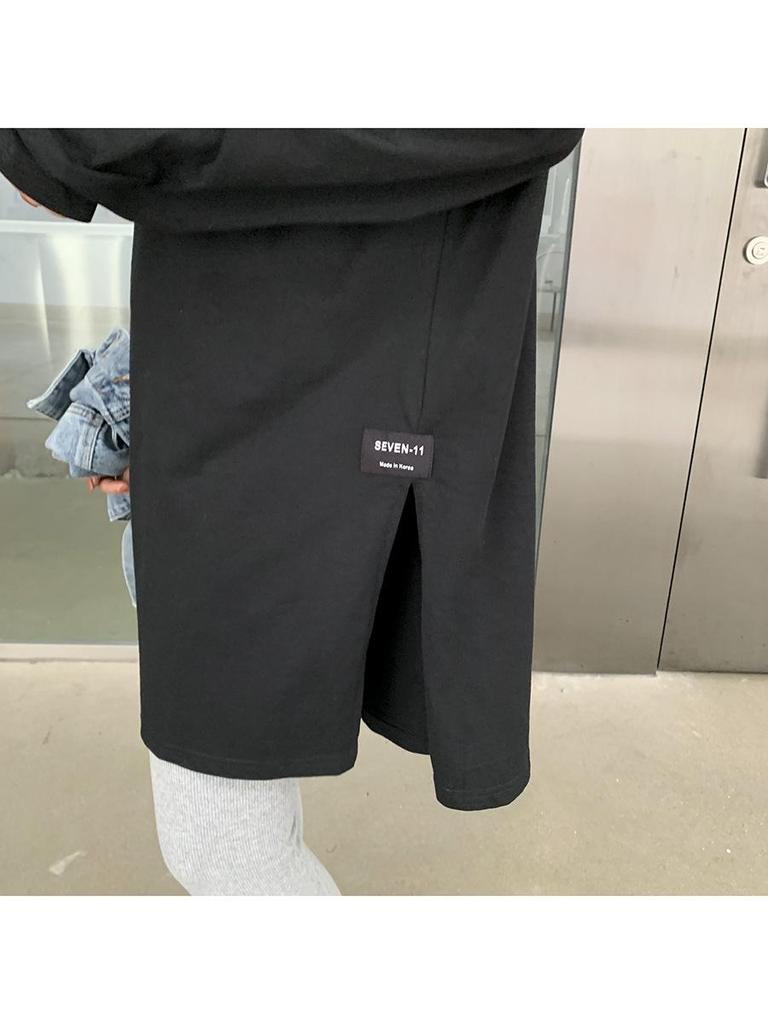 Women's Autumn Long Sleeve Slit T-Shirt - Solid Color, Round Neck, Loose Fit, Mid-Length Top.