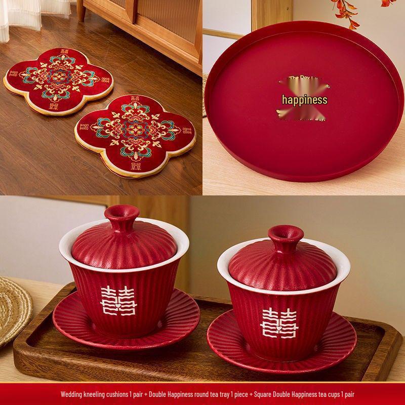 Red Wedding Kneeling Cushions for Tea Ceremony and Bride's Address Change - Complete Cotton Set.