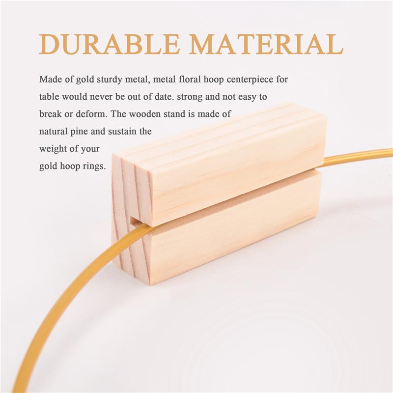 AD23-6 PCS 12 Inch Floral Hoops Centerpiece For Table, Gold Wreath Ring With 6 PCS Wood Holder Stands, Hoop Rings