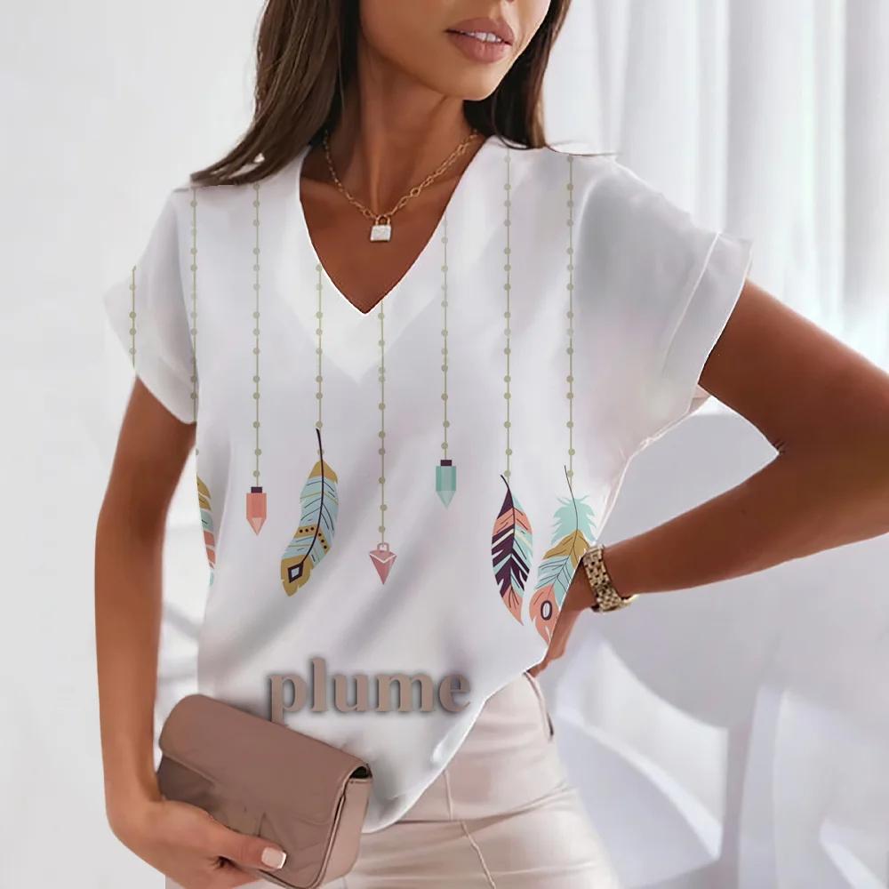 Women's New V-neck T-shirt Summer Spring Breathable Smooth Solid Fashion Casual Large Y2K Feather Hot Selling Girl Print