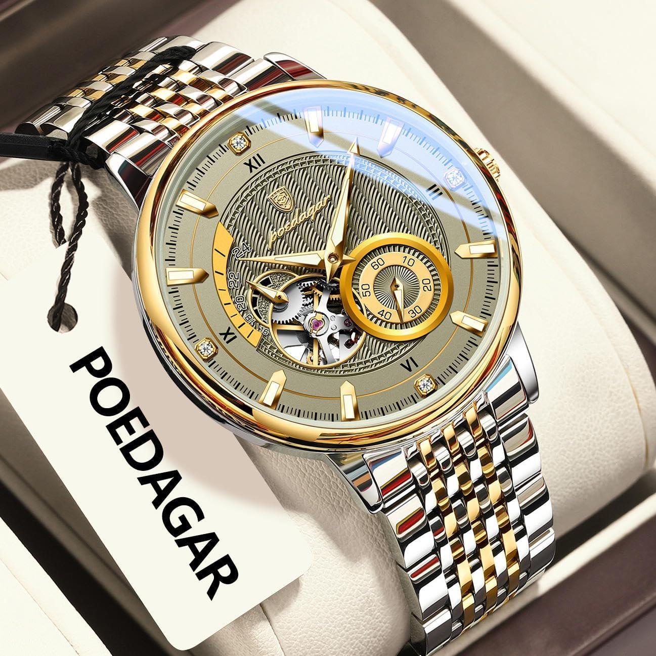 

POEDAGAR Luxury Man Wristwatch Automatic Skeleton Mechanical Waterproof Luminous Men Watch Hollow Tourbillon Stainless Steel Men s Watches серый/золотой