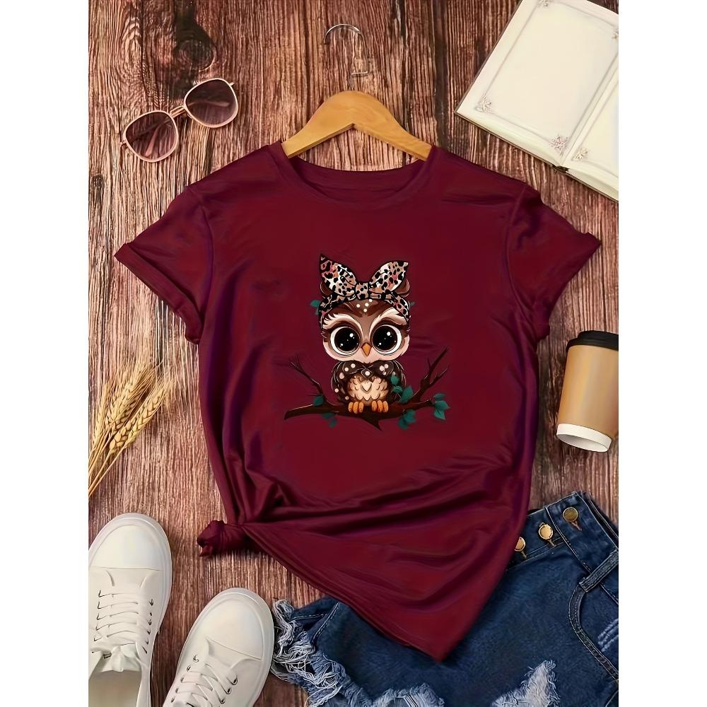 Women Cotton Short Sleeves T-shirts Leopard Bow Owl Women's Tee Cute Animal Graphic Casual Everyday Top