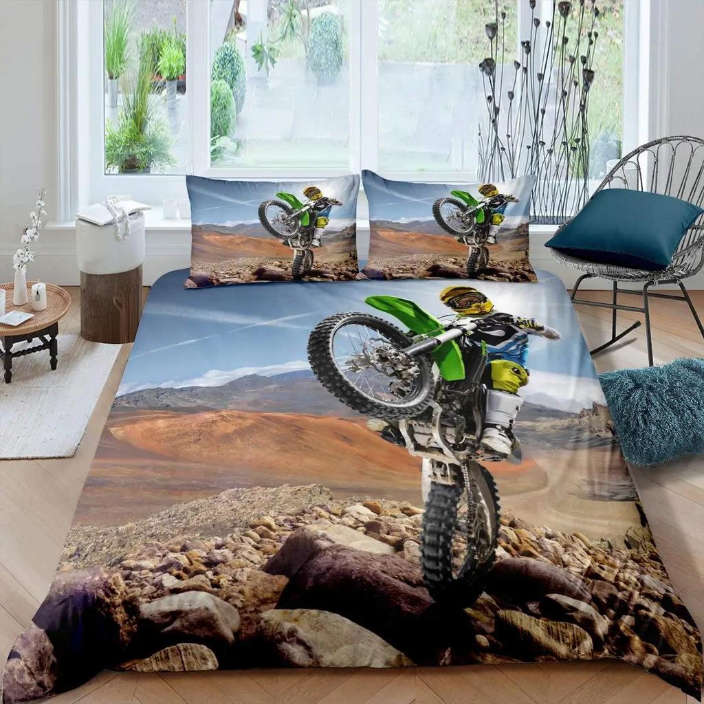 Motorsykkel Dynetrekksett Dobbel Størrelse Motocross Kjører Sengetøy Racing Motorsykkel Dirt Bike Ekstremsport Polyester Dyne Trekk