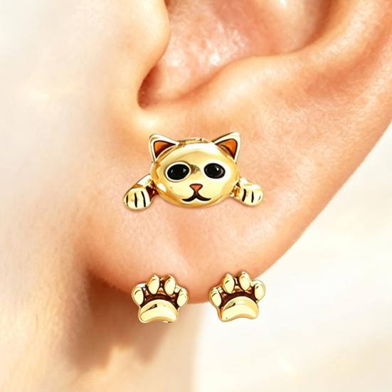 Dainty Animal Earrings for Women 1 Pair Cute Cat Paw Women, Vintage Front Back Stud Earrings, Small Kitten Jewelry Gift Lovers