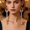 Exotic Tassel Pearl & Rhinestone Bell Earrings - Ethnic Long Dangles