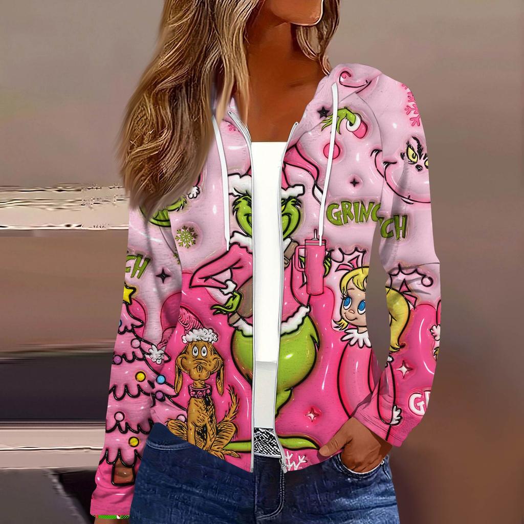 Dámská móda Vánoční potisk Ležérní rozepínací bunda s dlouhým rukávem a kapucí
